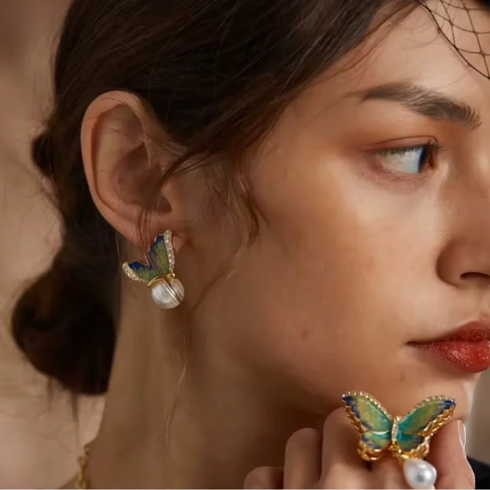 Vintage Luxury Craftsmanship Elegant Butterfly Pearl Ring Earrings Set